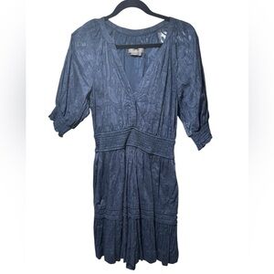 Anthropologie Navy Blue Short Sleeve Short Dress V Neck Elastic Waist Size Small